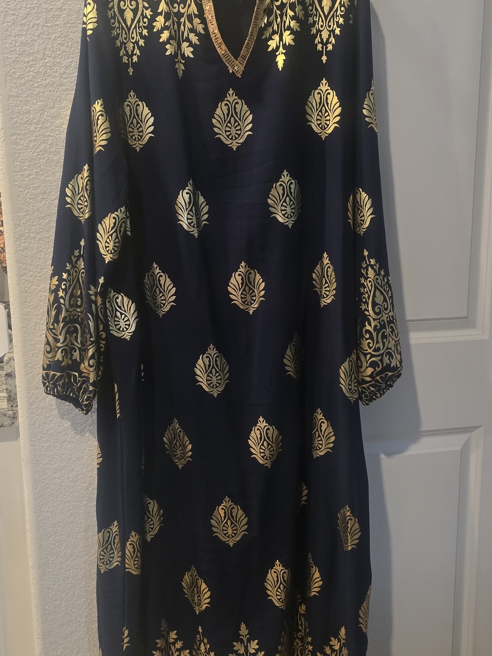 SHEIN Navy and Gold Long Sleeve Maxi Dress with Foil Motif